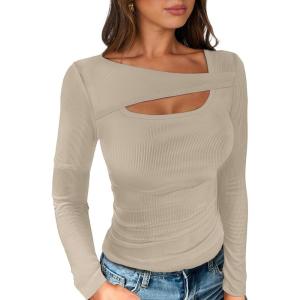 ANRABESS Womens Cutout Tops Trendy Sexy Long Sleeve Shirts Ribbed Slim Fit Tee 2025 Fall Fashion Going Out Tshirts Clothes(Beige Khaki)