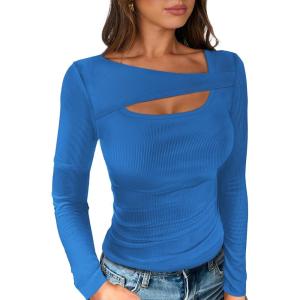 ANRABESS Womens Cutout Tops Trendy Sexy Long Sleeve Shirts Ribbed Slim Fit Tee 2025 Fall Fashion Going Out Tshirts Clothes(Blue)