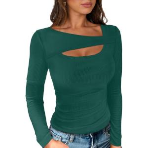 ANRABESS Womens Cutout Tops Trendy Sexy Long Sleeve Shirts Ribbed Slim Fit Tee 2025 Fall Fashion Going Out Tshirts Clothes(Green)