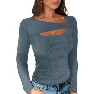 ANRABESS Womens Cutout Tops Trendy Sexy Long Sleeve Shirts Ribbed Slim Fit Tee 2025 Fall Fashion Going Out Tshirts Clothes(Grey Blue)