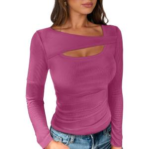 ANRABESS Womens Cutout Tops Trendy Sexy Long Sleeve Shirts Ribbed Slim Fit Tee 2025 Fall Fashion Going Out Tshirts Clothes(Hot Pink)