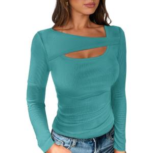 ANRABESS Womens Cutout Tops Trendy Sexy Long Sleeve Shirts Ribbed Slim Fit Tee 2025 Fall Fashion Going Out Tshirts Clothes(Lake Blue)