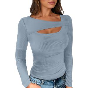 ANRABESS Womens Cutout Tops Trendy Sexy Long Sleeve Shirts Ribbed Slim Fit Tee 2025 Fall Fashion Going Out Tshirts Clothes(Light Blue)