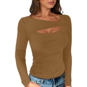 ANRABESS Womens Cutout Tops Trendy Sexy Long Sleeve Shirts Ribbed Slim Fit Tee 2025 Fall Fashion Going Out Tshirts Clothes(Light Brown)