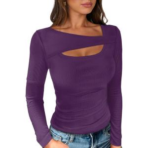ANRABESS Womens Cutout Tops Trendy Sexy Long Sleeve Shirts Ribbed Slim Fit Tee 2025 Fall Fashion Going Out Tshirts Clothes(Purple)