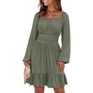 ANRABESS Womens Dress Long Lantern Sleeve Square Neck Elastic Waist Ruffle Flowy Swing A-Line Short Dresses 2025 Fall Fashion(Army Green)