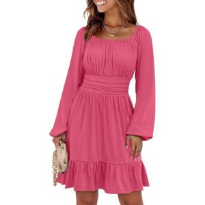 ANRABESS Womens Dress Long Lantern Sleeve Square Neck Elastic Waist Ruffle Flowy Swing A-Line Short Dresses 2025 Fall Fashion(Hot Pink)