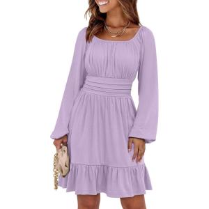ANRABESS Womens Dress Long Lantern Sleeve Square Neck Elastic Waist Ruffle Flowy Swing A-Line Short Dresses 2025 Fall Fashion(Light Purple)