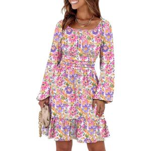 ANRABESS Womens Dress Long Lantern Sleeve Square Neck Elastic Waist Ruffle Flowy Swing A-Line Short Dresses 2025 Fall Fashion(Multicolor Floral)