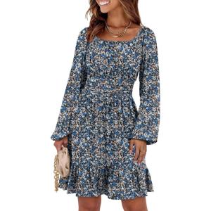 ANRABESS Womens Dress Long Lantern Sleeve Square Neck Elastic Waist Ruffle Flowy Swing A-Line Short Dresses 2025 Fall Fashion(Print Blue White)