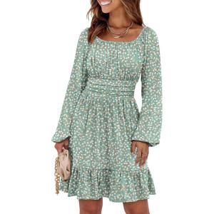 ANRABESS Womens Dress Long Lantern Sleeve Square Neck Elastic Waist Ruffle Flowy Swing A-Line Short Dresses 2025 Fall Fashion(Print Orange White)