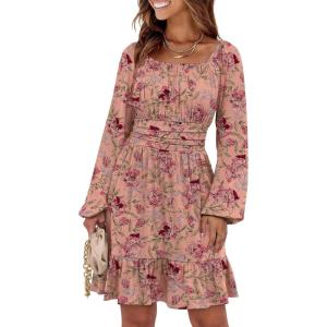 ANRABESS Womens Dress Long Lantern Sleeve Square Neck Elastic Waist Ruffle Flowy Swing A-Line Short Dresses 2025 Fall Fashion(Print Rose Pink)