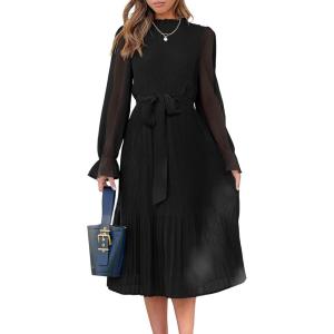 ANRABESS Women’s Floral Chiffon Midi Dress Puff Long Sleeve Mock Neck Summer Wedding Guest Party Dresses Fall 2025 Outfits(Black)