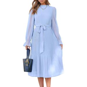 ANRABESS Women’s Floral Chiffon Midi Dress Puff Long Sleeve Mock Neck Summer Wedding Guest Party Dresses Fall 2025 Outfits(Blue)