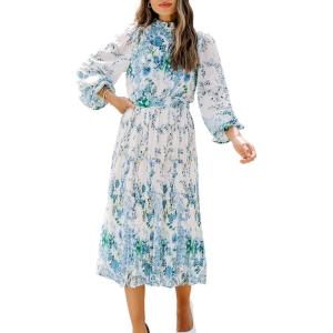 ANRABESS Women’s Floral Chiffon Midi Dress Puff Long Sleeve Mock Neck Summer Wedding Guest Party Dresses Fall 2025 Outfits(Floral Blue)
