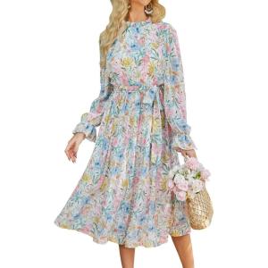 ANRABESS Women’s Floral Chiffon Midi Dress Puff Long Sleeve Mock Neck Summer Wedding Guest Party Dresses Fall 2025 Outfits(Floral Blue Pink)