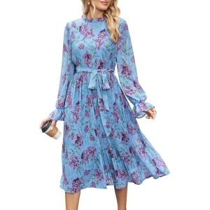 ANRABESS Women’s Floral Chiffon Midi Dress Puff Long Sleeve Mock Neck Summer Wedding Guest Party Dresses Fall 2025 Outfits(Floral Blue Purple)
