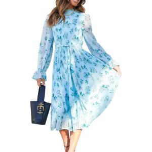 ANRABESS Women’s Floral Chiffon Midi Dress Puff Long Sleeve Mock Neck Summer Wedding Guest Party Dresses Fall 2025 Outfits(Floral Leaf)