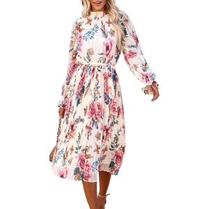 ANRABESS Women’s Floral Chiffon Midi Dress Puff Long Sleeve Mock Neck Summer Wedding Guest Party Dresses Fall 2025 Outfits(Floral Pink)