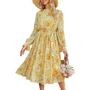 ANRABESS Women’s Floral Chiffon Midi Dress Puff Long Sleeve Mock Neck Summer Wedding Guest Party Dresses Fall 2025 Outfits(Floral Yellow Orange)