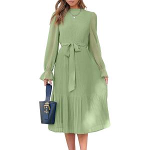 ANRABESS Women’s Floral Chiffon Midi Dress Puff Long Sleeve Mock Neck Summer Wedding Guest Party Dresses Fall 2025 Outfits(Green)