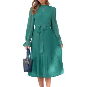 ANRABESS Women’s Floral Chiffon Midi Dress Puff Long Sleeve Mock Neck Summer Wedding Guest Party Dresses Fall 2025 Outfits(Lake)