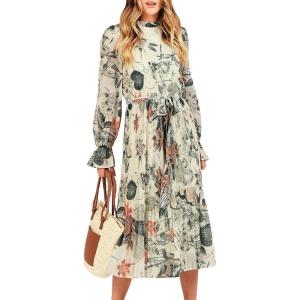 ANRABESS Women’s Floral Chiffon Midi Dress Puff Long Sleeve Mock Neck Summer Wedding Guest Party Dresses Fall 2025 Outfits(Leaf Apricot)