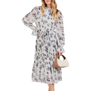 ANRABESS Women’s Floral Chiffon Midi Dress Puff Long Sleeve Mock Neck Summer Wedding Guest Party Dresses Fall 2025 Outfits(Leaf White)