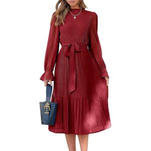 ANRABESS Women’s Floral Chiffon Midi Dress Puff Long Sleeve Mock Neck Summer Wedding Guest Party Dresses Fall 2025 Outfits(Red)