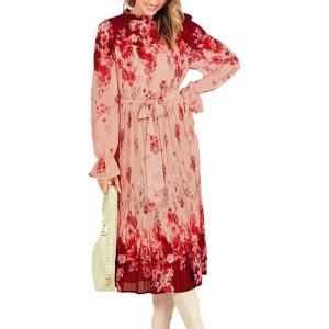 ANRABESS Women’s Floral Chiffon Midi Dress Puff Long Sleeve Mock Neck Summer Wedding Guest Party Dresses Fall 2025 Outfits(Rose Pink)