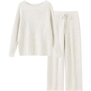 ANRABESS Womens Fuzzy Fleece Lounge Pajama Set 2 Piece Outfits Long Sleeve Top Sweater Pants Loungewear Pj Sets 2025 Fall(Beige)