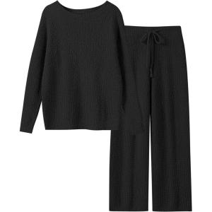 ANRABESS Womens Fuzzy Fleece Lounge Pajama Set 2 Piece Outfits Long Sleeve Top Sweater Pants Loungewear Pj Sets 2025 Fall(Black)