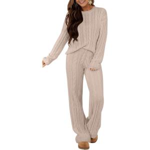 ANRABESS Women’s Fuzzy Fleece Pajama Set 2 Piece Outfits Lounge Knit Oversized Sweater Pj Sets 2025 Fall Winter Loungewear(Light Khaki)
