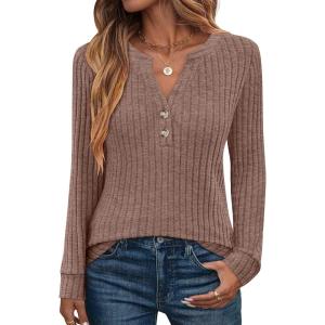 ANRABESS Womens Henley Shirts Long Sleeve Tunic Tops 2025 Fall Fashion Outfits Ribbed Knit Sweaters Ladies Casual Clothes(Brown)