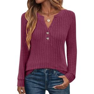 ANRABESS Womens Henley Shirts Long Sleeve Tunic Tops 2025 Fall Fashion Outfits Ribbed Knit Sweaters Ladies Casual Clothes(Burgundy)