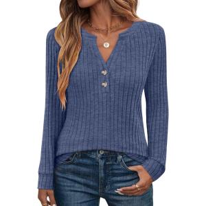 ANRABESS Womens Henley Shirts Long Sleeve Tunic Tops 2025 Fall Fashion Outfits Ribbed Knit Sweaters Ladies Casual Clothes(Dark Blue)