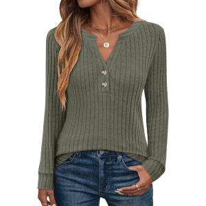 ANRABESS Womens Henley Shirts Long Sleeve Tunic Tops 2025 Fall Fashion Outfits Ribbed Knit Sweaters Ladies Casual Clothes(Deep Green)
