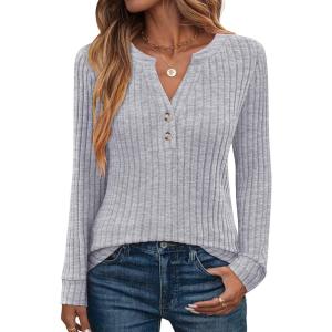 ANRABESS Womens Henley Shirts Long Sleeve Tunic Tops 2025 Fall Fashion Outfits Ribbed Knit Sweaters Ladies Casual Clothes(Grey)