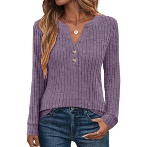 ANRABESS Womens Henley Shirts Long Sleeve Tunic Tops 2025 Fall Fashion Outfits Ribbed Knit Sweaters Ladies Casual Clothes(Purple)