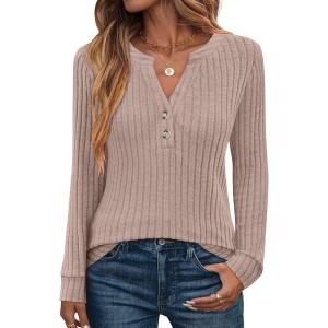 ANRABESS Womens Henley Shirts Long Sleeve Tunic Tops 2025 Fall Fashion Outfits Ribbed Knit Sweaters Ladies Casual Clothes(Tan)