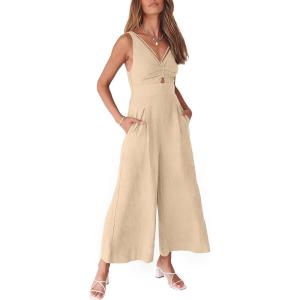 ANRABESS Women’s Jumpsuits Summer Wide Leg Sleeveless V Neck Casual Dressy Linen Pants Rompers 2025 Vacation Beach Outfits(Beige)