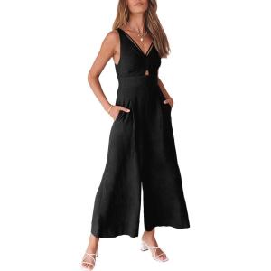 ANRABESS Women’s Jumpsuits Summer Wide Leg Sleeveless V Neck Casual Dressy Linen Pants Rompers 2025 Vacation Beach Outfits(Black)