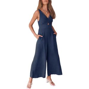 ANRABESS Women’s Jumpsuits Summer Wide Leg Sleeveless V Neck Casual Dressy Linen Pants Rompers 2025 Vacation Beach Outfits(Blue)