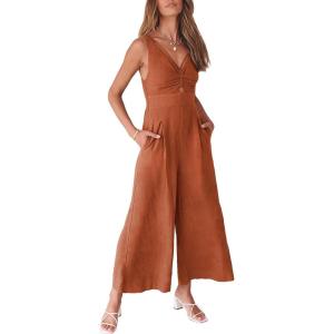 ANRABESS Women’s Jumpsuits Summer Wide Leg Sleeveless V Neck Casual Dressy Linen Pants Rompers 2025 Vacation Beach Outfits(Brick Red)