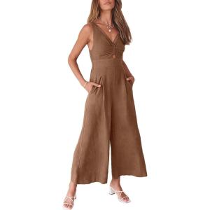 ANRABESS Women’s Jumpsuits Summer Wide Leg Sleeveless V Neck Casual Dressy Linen Pants Rompers 2025 Vacation Beach Outfits(Brown)