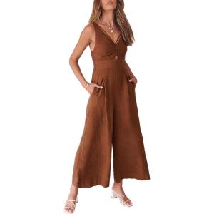 ANRABESS Women’s Jumpsuits Summer Wide Leg Sleeveless V Neck Casual Dressy Linen Pants Rompers 2025 Vacation Beach Outfits(Caramel)