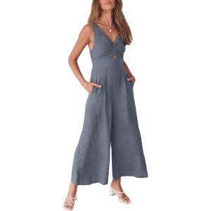 ANRABESS Women’s Jumpsuits Summer Wide Leg Sleeveless V Neck Casual Dressy Linen Pants Rompers 2025 Vacation Beach Outfits(Dark Grey)