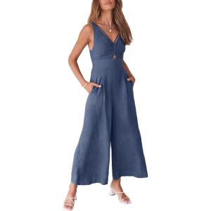 ANRABESS Women’s Jumpsuits Summer Wide Leg Sleeveless V Neck Casual Dressy Linen Pants Rompers 2025 Vacation Beach Outfits(Deep Blue)