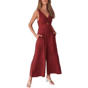 ANRABESS Women’s Jumpsuits Summer Wide Leg Sleeveless V Neck Casual Dressy Linen Pants Rompers 2025 Vacation Beach Outfits(Deep Red)