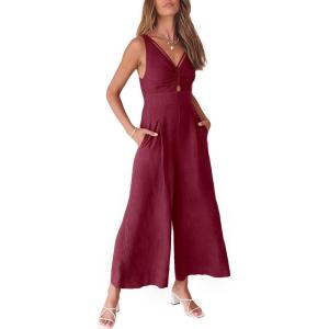 ANRABESS Women’s Jumpsuits Summer Wide Leg Sleeveless V Neck Casual Dressy Linen Pants Rompers 2025 Vacation Beach Outfits(Fuchsia)